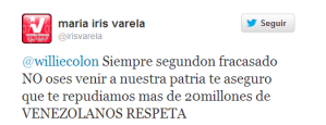 Iris Varela le respondió a Willie Colón en Twitter (Tuit)