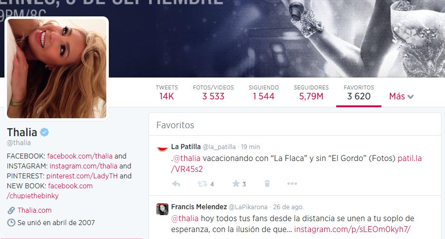 .@Thalia nos “favoritea” un tweet y aprovechamos de mandarle un abrazo desde Venezuela… ¡hola Thalía!