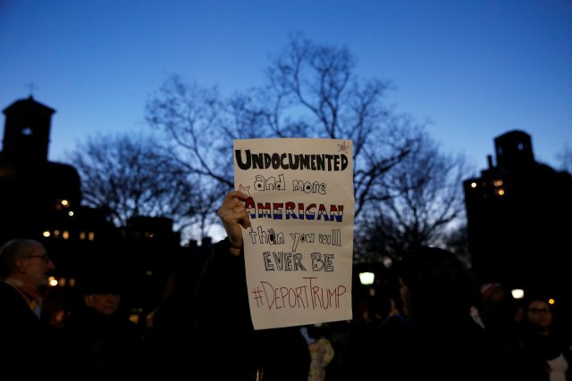 Demonstrators gather at Washington Square Park to protest against U.S. President Donald Trump in New York, U.S., January 25, 2017. REUTERS/Shannon Stapleton