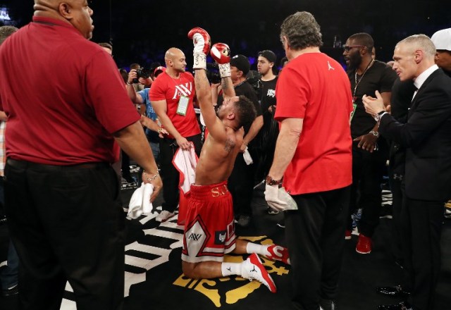 LAS VEGAS, NV - JUNE 17: Andre Ward celebrates after his light heavyweight championship bout against Sergey Kovalev at the Mandalay Bay Events Center on June 17, 2017 in Las Vegas, Nevada. Ward retained his title with a TKO in the eighth round.   Christian Petersen/Getty Images/AFP