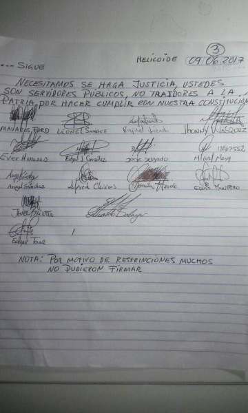 Carta de los funcionarios del Sebin, en El Helicoide / Foto Cortesía @jesusmedinae 