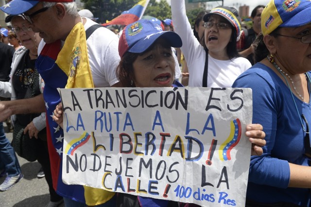 Opposition activists demonstrate against Venezuelan President Nicolas Maduro in Caracas, on July 9, 2017. Venezuela hit its 100th day of anti-government protests on Sunday, one day after its most prominent political prisoner, Leopoldo Lopez, vowed to continue his fight for freedom after being released from jail and placed under house arrest. At least 91 people have died since non-stop street protests began on April 1. / AFP PHOTO / Federico PARRA