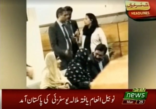 Nobel laureate and education activist Malala Yousafzai sits with her family in a VIP lounge of Islamabad Airport upon her arrival in Islamabad, Pakistan, in this still image taken from PTV video footage released on March 29, 2018. PTV/via REUTERS ATTENTION EDITORS - THIS IMAGE HAS BEEN SUPPLIED BY A THIRD PARTY. NO RESALES. NO ARCHIVES. PAKISTAN OUT. NO COMMERCIAL OR EDITORIAL SALES IN PAKISTAN