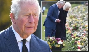 El príncipe Carlos lucha por contener las lágrimas mientras visita el tributo floral al príncipe Felipe (fotos)