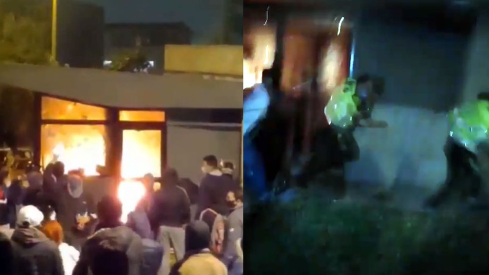 Vándalos intentaron quemar vivos a 10 policías en un destacamento en Bogotá (VIDEOS)